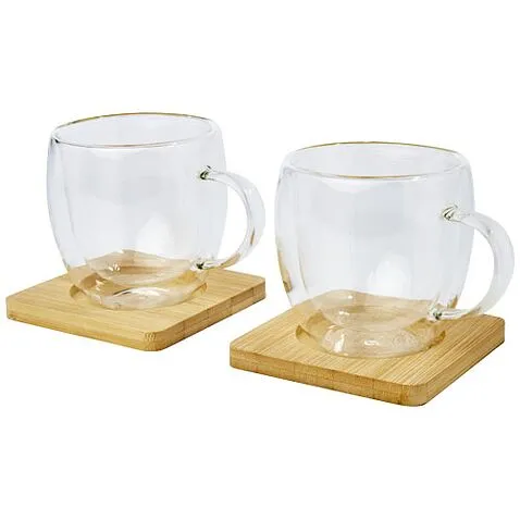 Стеклянный стакан Manti объемом 250 мл с двойными стенками и подставкой из бамбука, 2 шт.  - Прозрачный